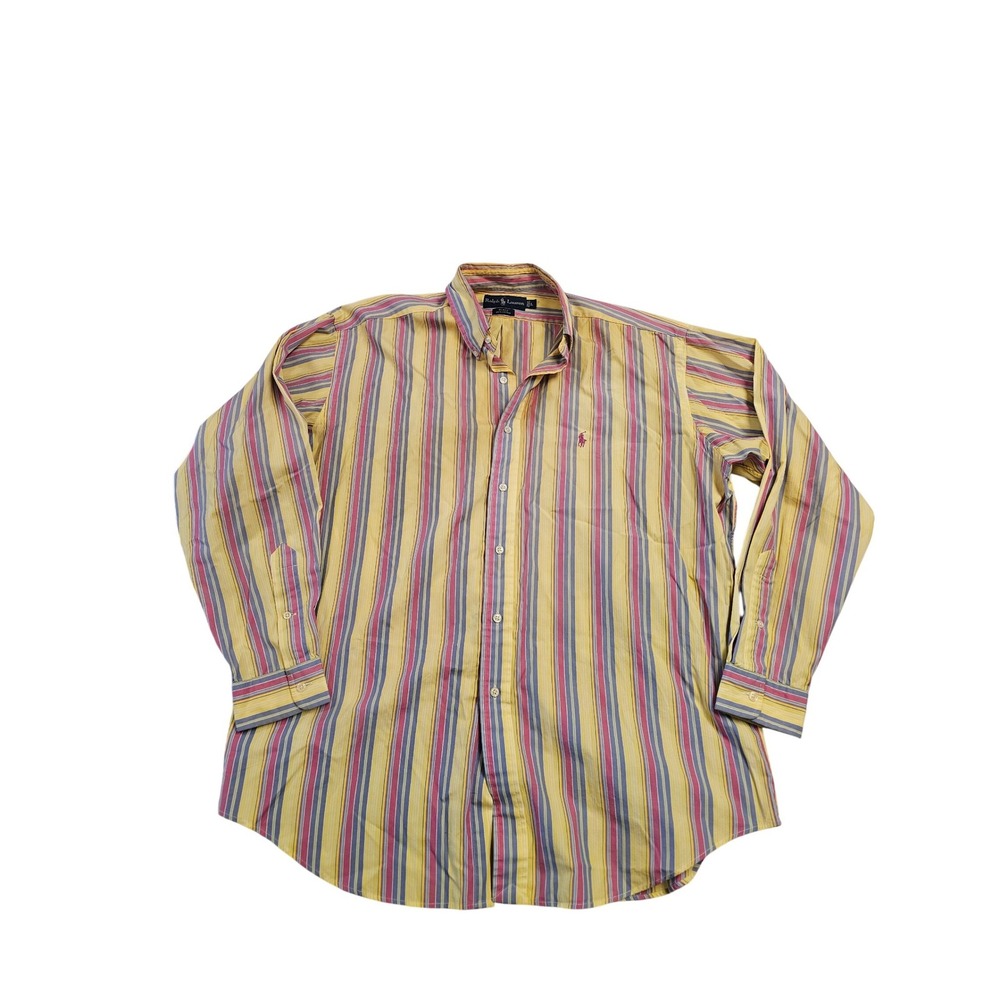 Ralph Lauren Blake Mens Large Yellow Pink Blue Striped Cotton Button Down Shirt